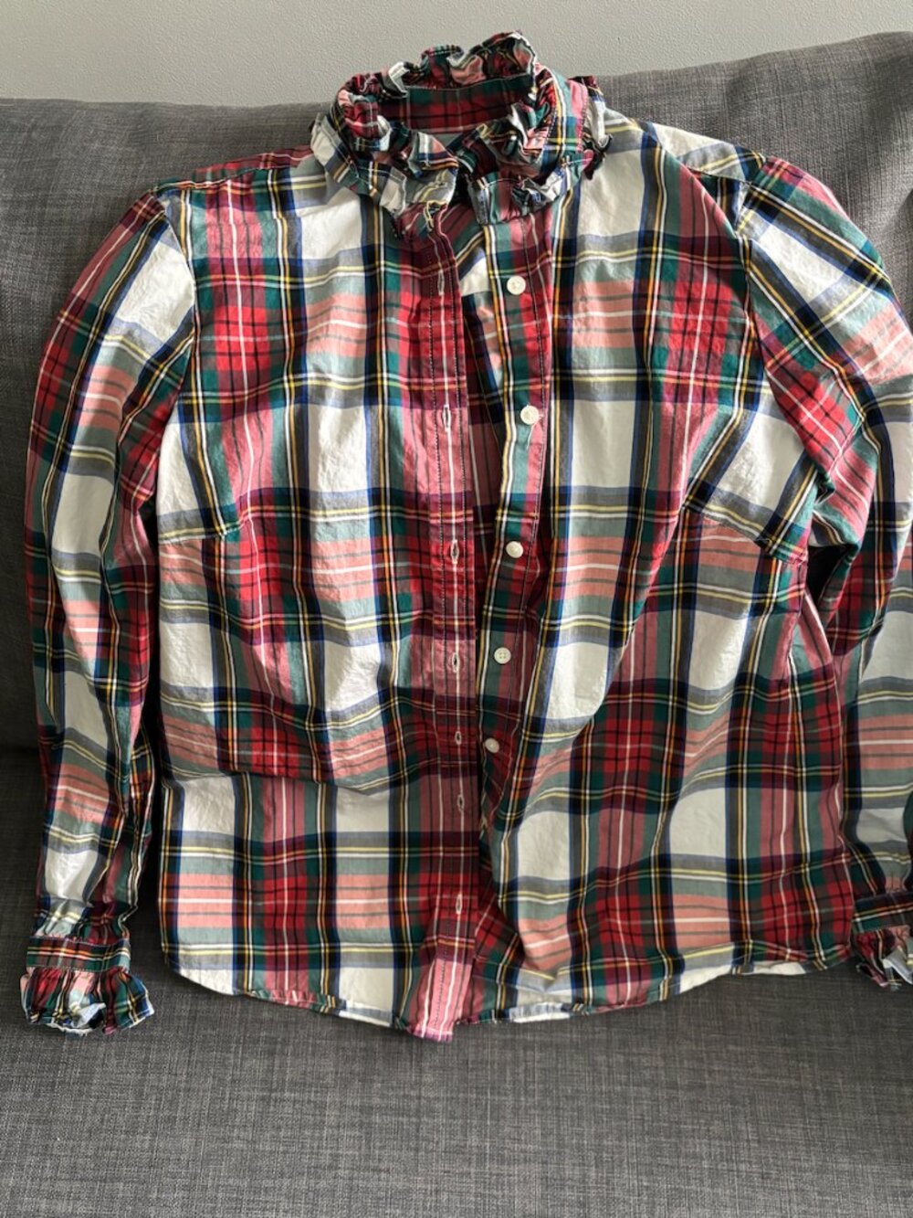JCREW PLAID RUFFLE NECK BLOUSE • XS